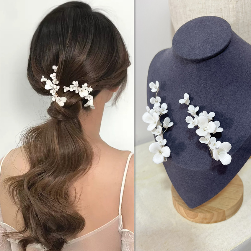 陶瓷花朵白色唯美欧式简约户外婚礼摄影跟妆礼服配饰仙女发夹配饰