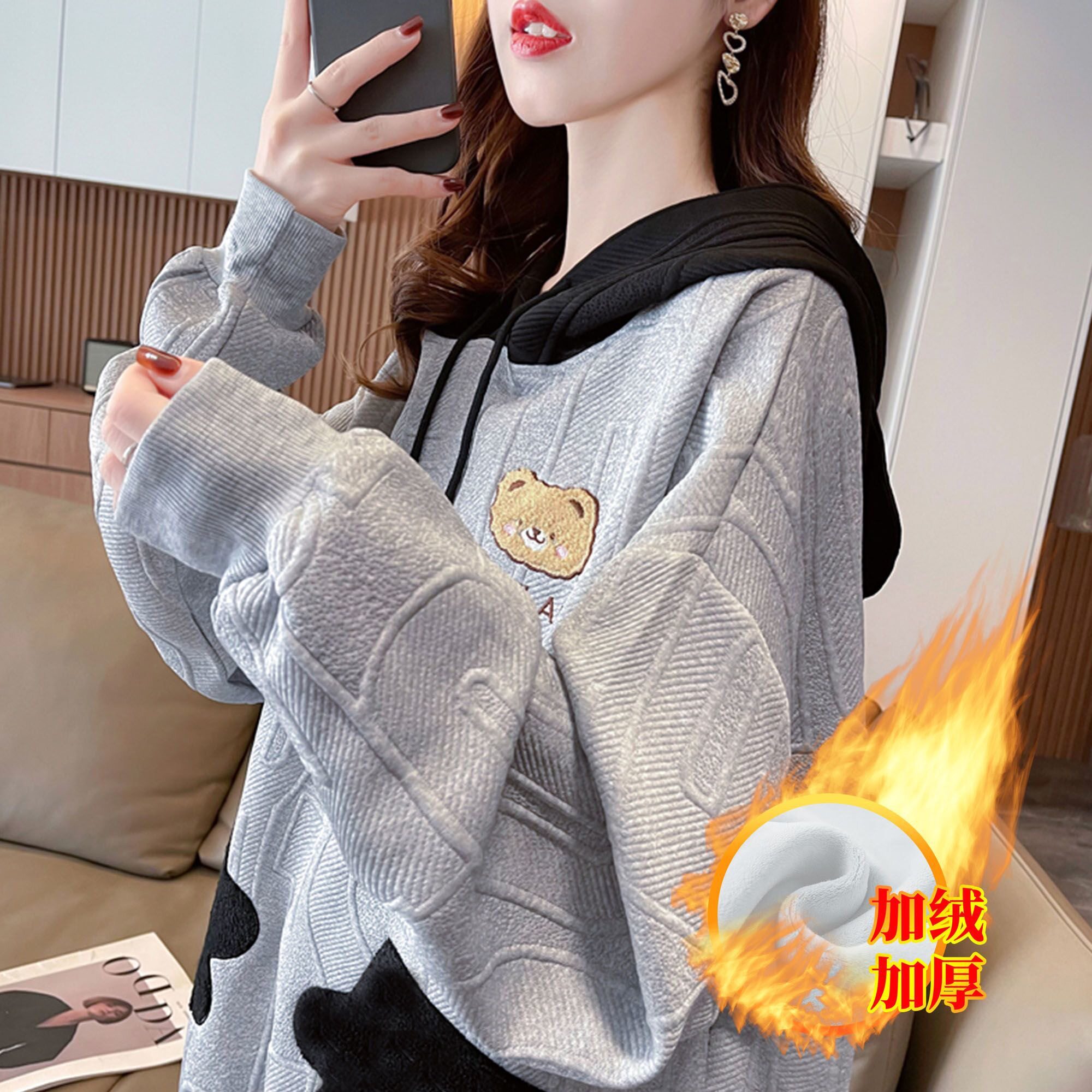 加绒加厚卫衣女秋冬新款大码宽松百搭减龄显瘦韩版慵懒风上衣ins