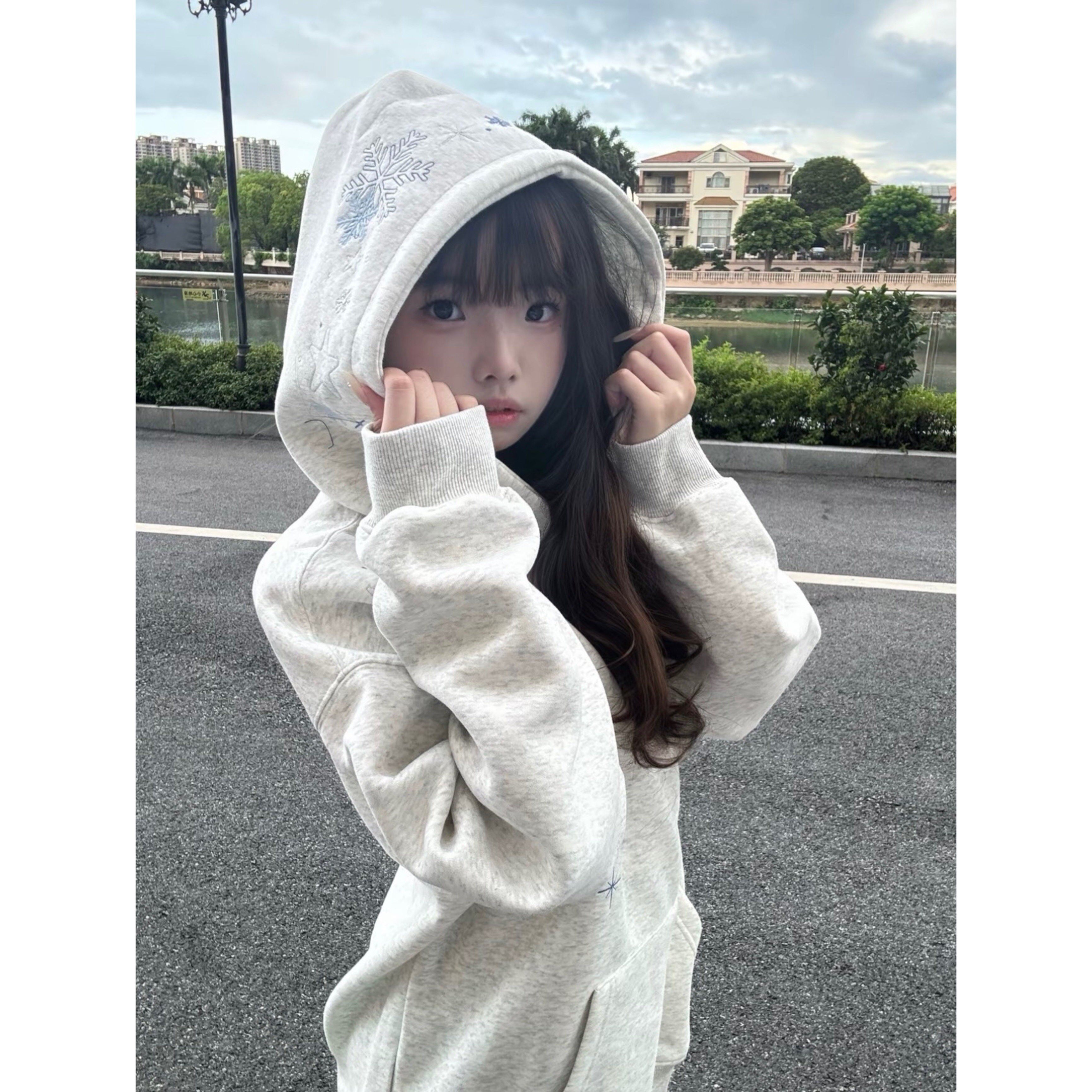 美式高街雪花刺绣连帽卫衣女秋冬加绒加厚潮牌设计感小众情侣外套