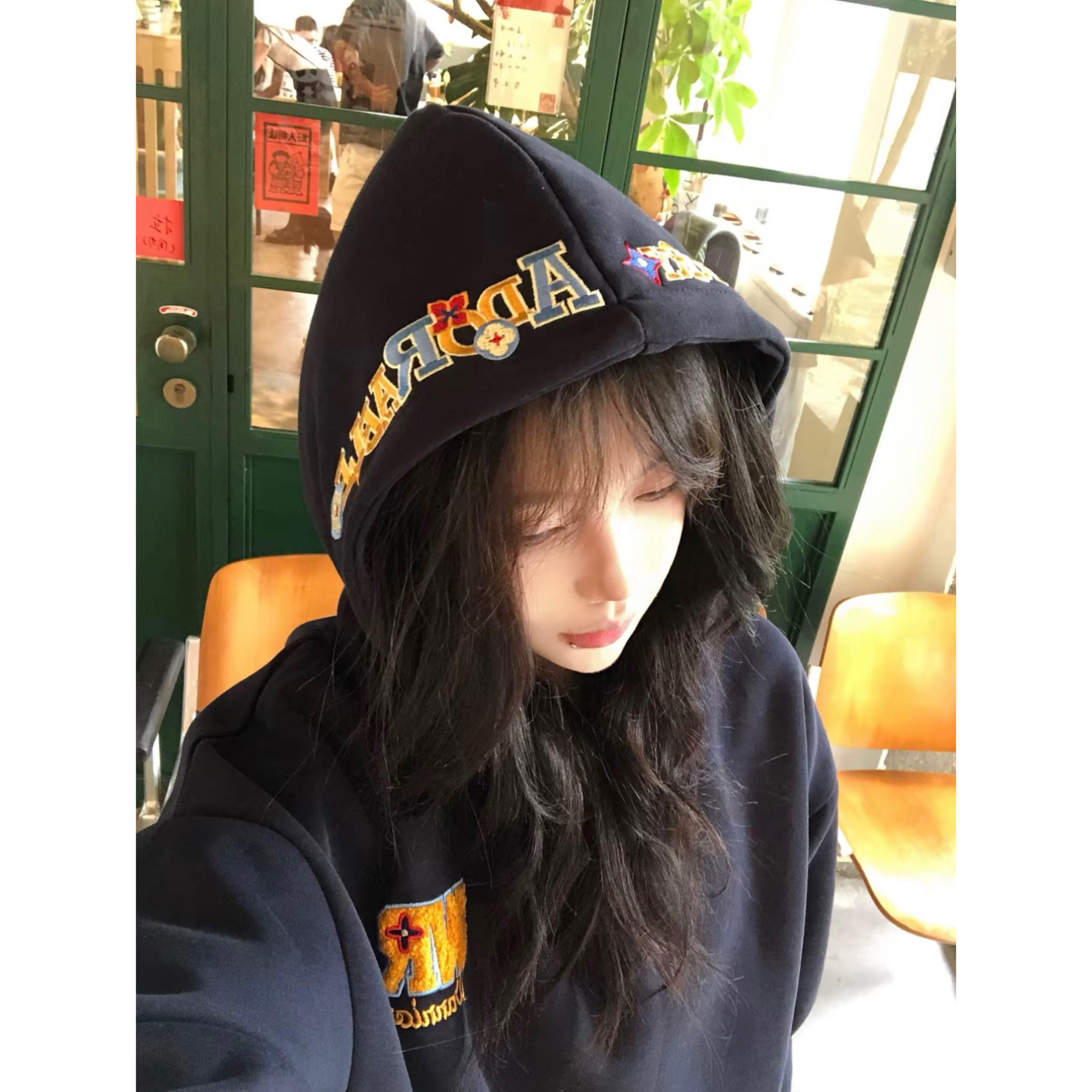 美式高街复古字母刺绣连帽卫衣女秋冬国潮牌高级感宽松情侣装外套