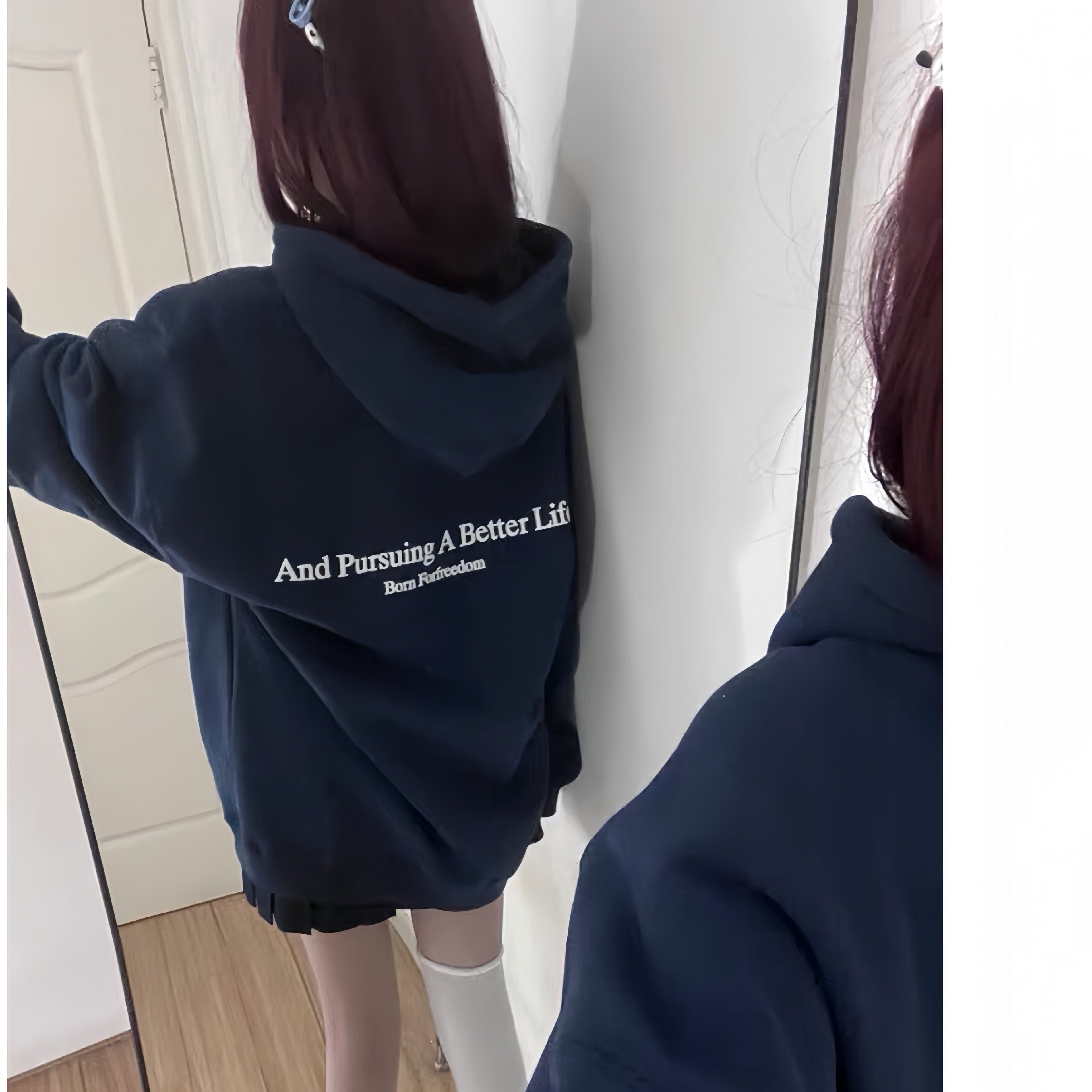 美式藏青色oversize加绒连帽卫衣女大童秋冬初中高中学生宽松外套