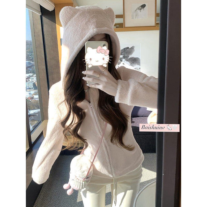 白水女 软糯猫猫 高克重针织粉色卫衣女秋冬设计感保暖毛绒外套,女装/女士精品,卫衣/绒衫,淘宝优惠券,粉丝福利购,淘宝优惠卷