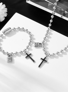 新品欧美小众圆珠链男女式锁头项链套装 十字架手链项链套装