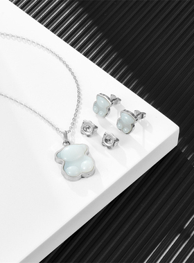 欧美简约百搭小熊粉晶小熊轻奢项项链六色立体小熊耳钉吊坠套装