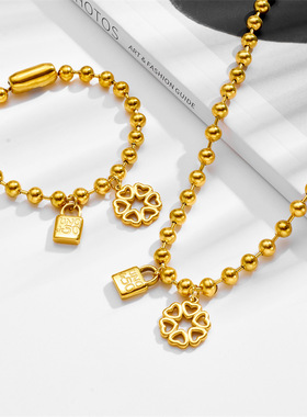 镂空桃心刻字锁头不锈钢手链女式不掉色百搭真空镀气质项链套装