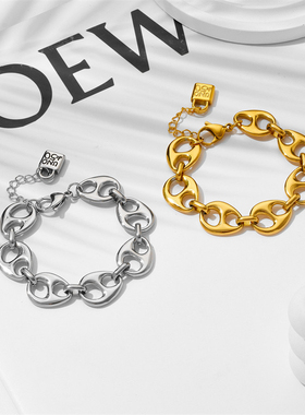 ins风手链欧美跨境百搭刻字锁头双孔长条椭圆男女式手链