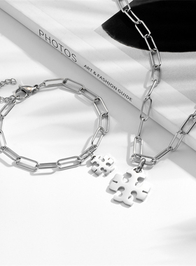 双T个性嘻哈竹节链手链简约方块双T女款钛钢项链吊坠锁骨链情侣