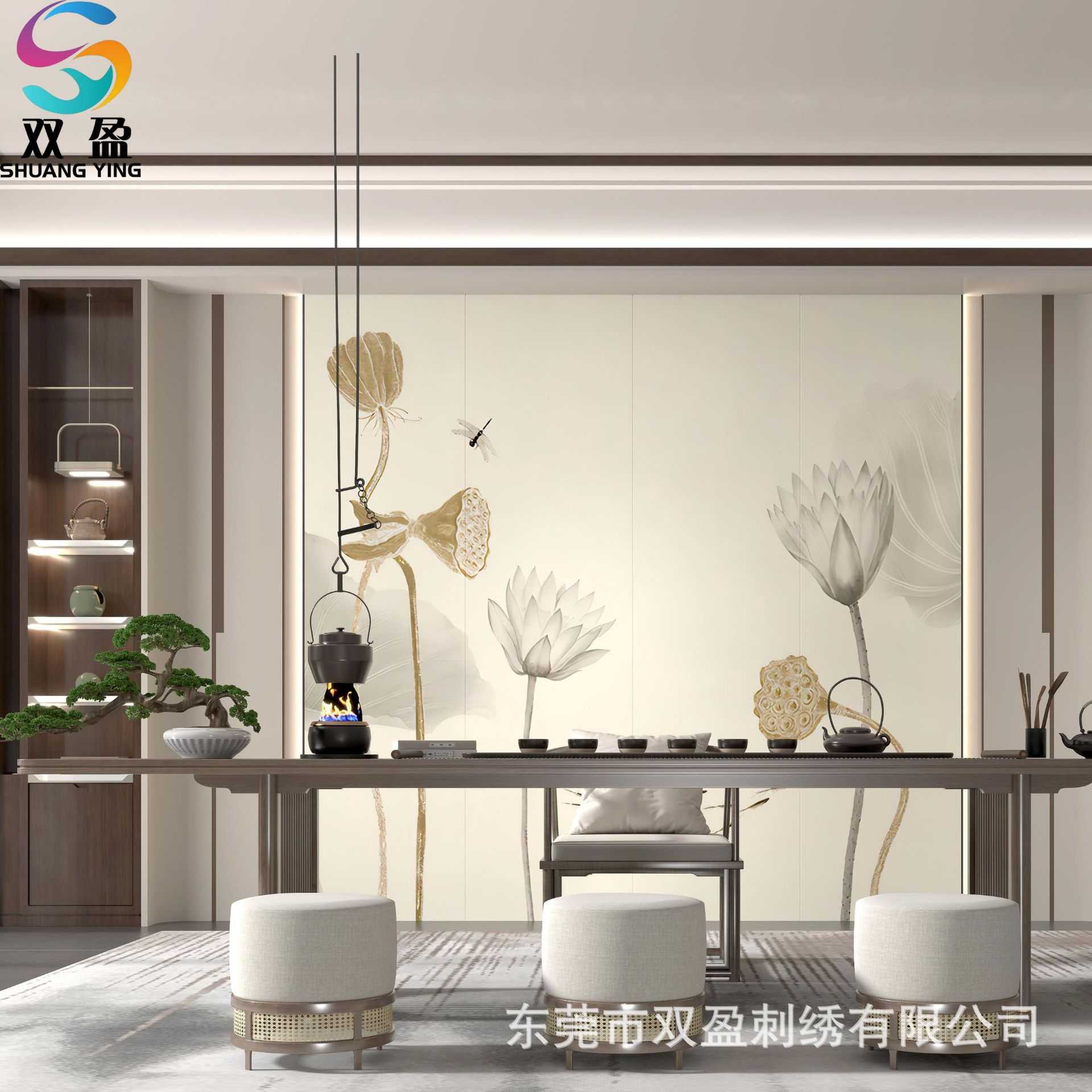 网红欧式立体刺绣壁画双面绣荷花植物网红硬包背景墙框画