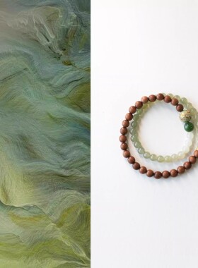 「梨春雪」天然老山檀木和田玉水晶手串新中式大漆手链多圈礼物