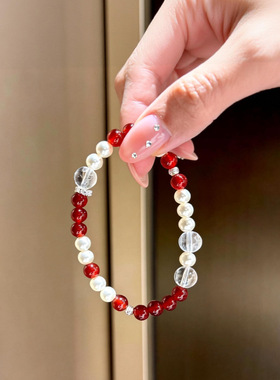 天然红玛瑙珍珠白阿塞水晶串珠手串小众秋冬新中式感手链新款