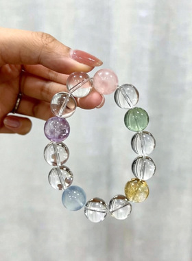 天然多宝水晶手链海蓝宝多巴胺彩色水晶串珠清透白水晶紫水晶手串