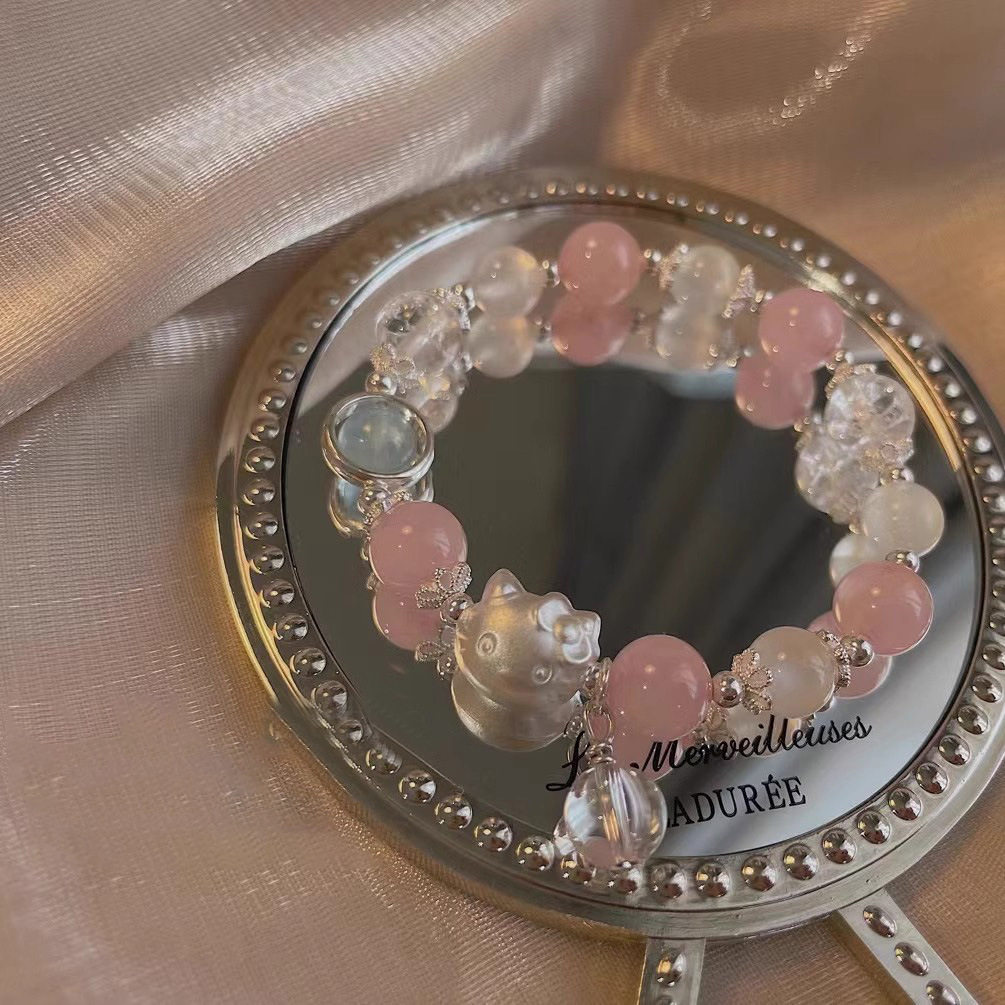 设计感可爱哈喽kitty水晶手链小众甜美灰月光手串招桃花粉晶串珠