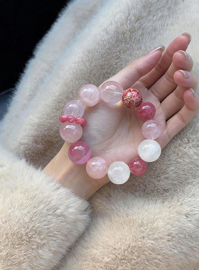 天然粉水晶蔷薇辉石手串白水晶雪花幽灵原创串珠手链招桃花水晶女
