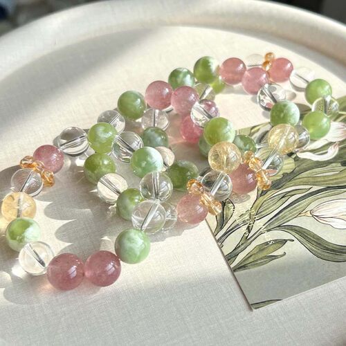 春日果茶丨天然水晶多宝手串冰透清新设计感温柔显白桃花好运手链