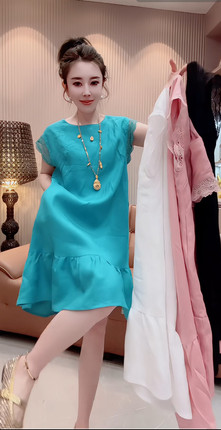 欧货时尚圆领小飞袖亚麻蕾丝连衣裙女2026夏宽松显瘦遮肉娃娃裙子