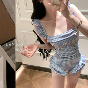 新款 学生 纯欲辣妹小清新蓝色格子连体泳衣女保守遮肚显瘦温泉泳装