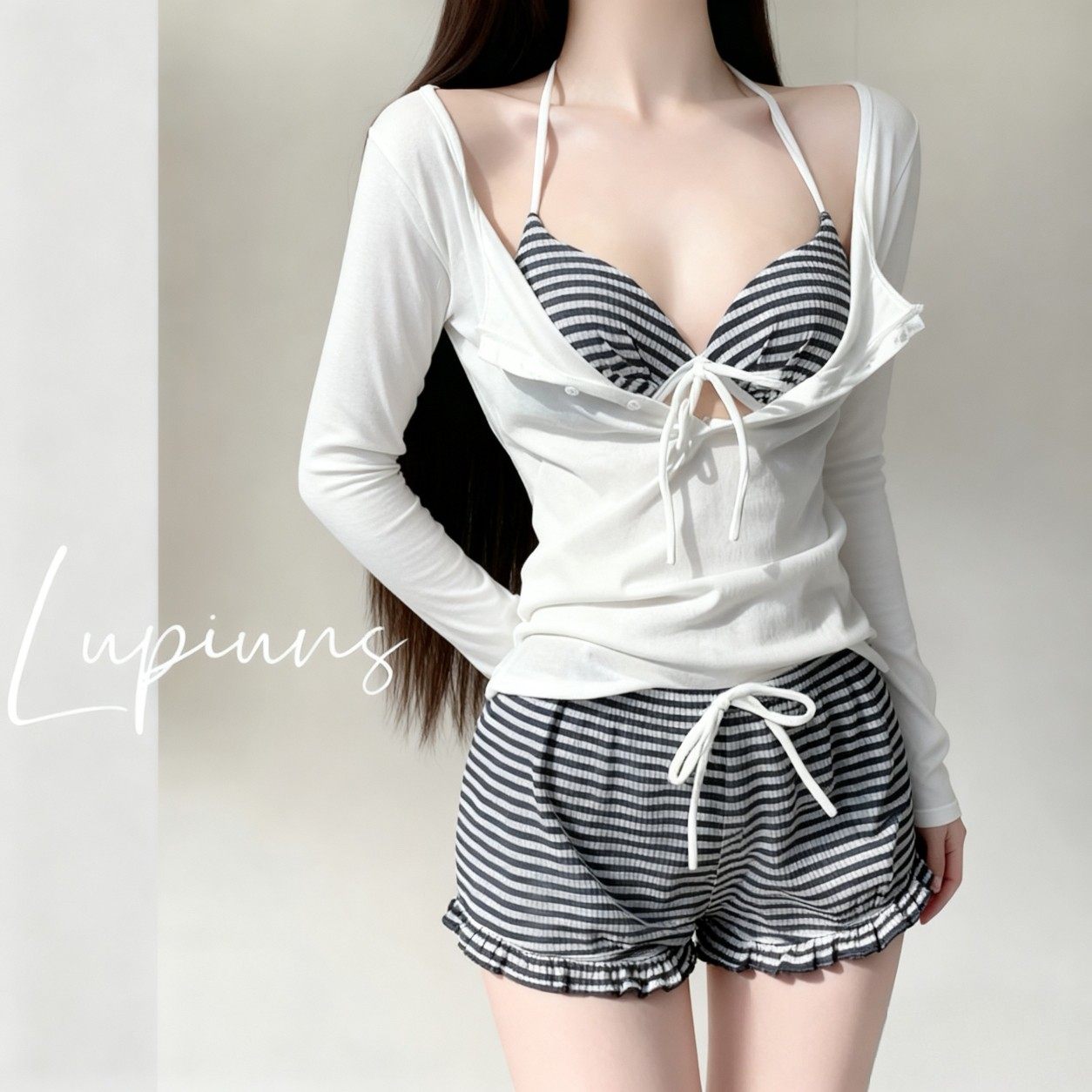 温泉泳衣条纹比基尼三件套女钢托聚拢分体泳衣罩衫慵懒风泳装显瘦