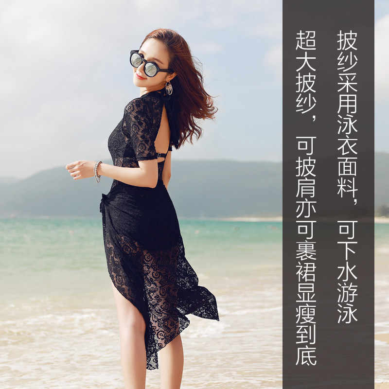 泳衣女连体平角保守大码显瘦遮肚性感聚拢钢托黑色蕾丝三件套泳装