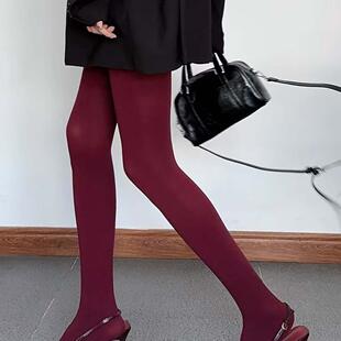 安可拉酒红色丝袜女厚秋冬本命年中国红袜子高弹力不透肉打底袜子