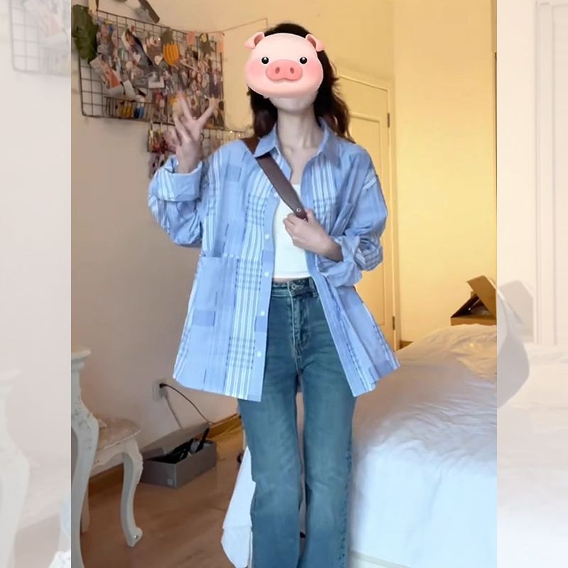 蓝色条纹格子长袖衬衫女高级感轻奢减龄洋气开春小众韩系穿搭上衣