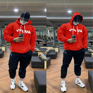 潮牌健身房器械训练卫衣男红色连帽秋冬跑步运动服宽松套头衫大码
