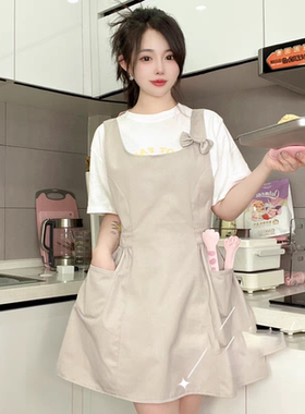 姜妍同款围裙最新款灰色米色蝴蝶结工作服可印字美甲漂亮可爱罩衣