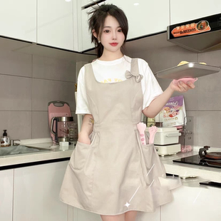 姜妍同款围裙新款灰色米色蝴蝶结工作服可印字美甲漂亮可爱罩衣