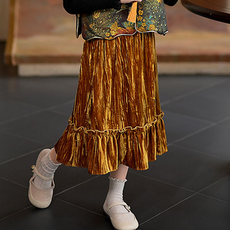 53404M女童半身裙秋冬2025新款花朵压褶复古半裙儿童丝绒裙子