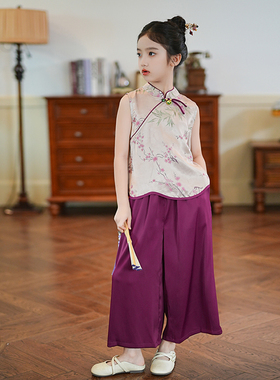 53366M女童新中式套装夏季2025新款童装旗袍背心裤子中大童两件套