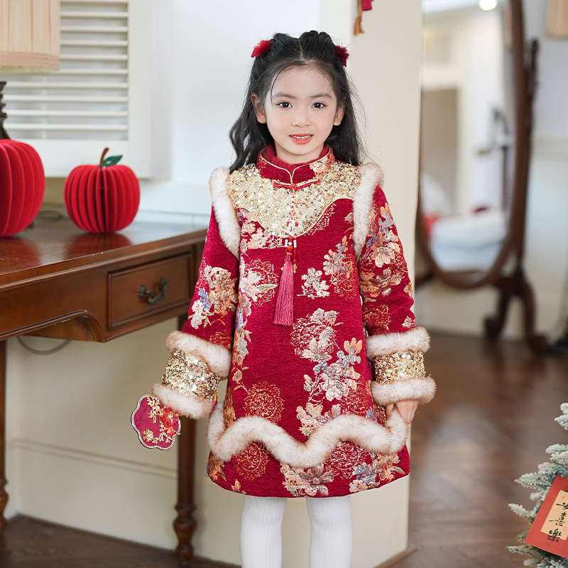 女童连衣裙冬款汉服裙子2025新款国风女孩过年衣服新中式拜年服