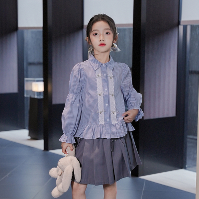女童衬衫秋装2025新款荷叶边娃娃衫女大童长袖上衣儿童格子衬衣