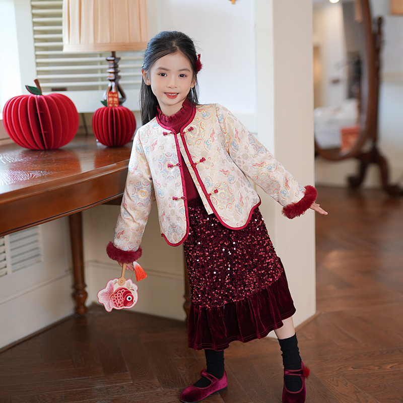 女童套装汉服过年拜年服2025冬季新款小女孩唐装中国风周岁礼服
