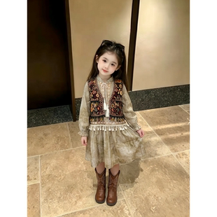 女童民族风两件套装秋装波西米亚重工刺绣流苏马甲泡泡袖连衣裙