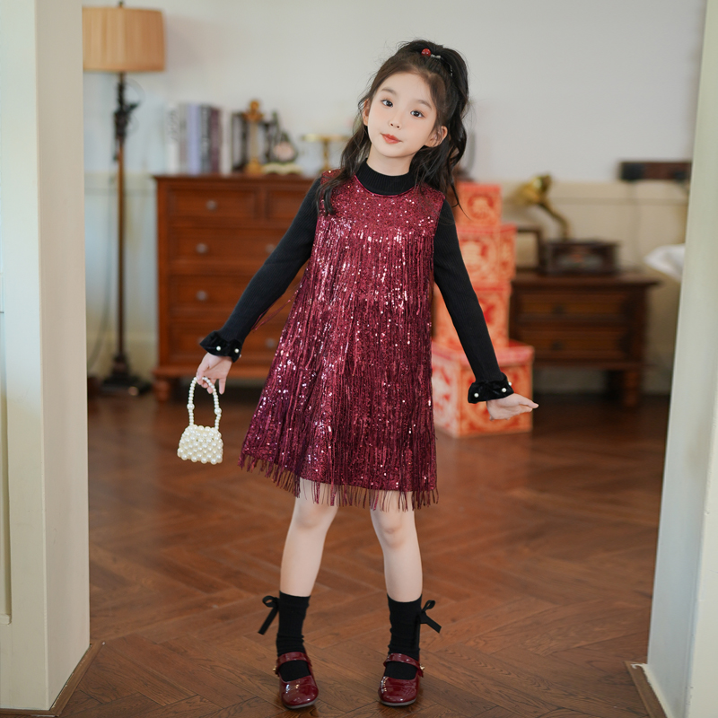 女童连衣裙秋冬2025新款红色背心裙生日礼服高级感儿童公主裙子
