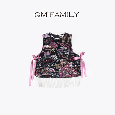 80945女童新中式马甲汉服亮片刺绣蝴蝶结唐装冬季款国风儿童背心