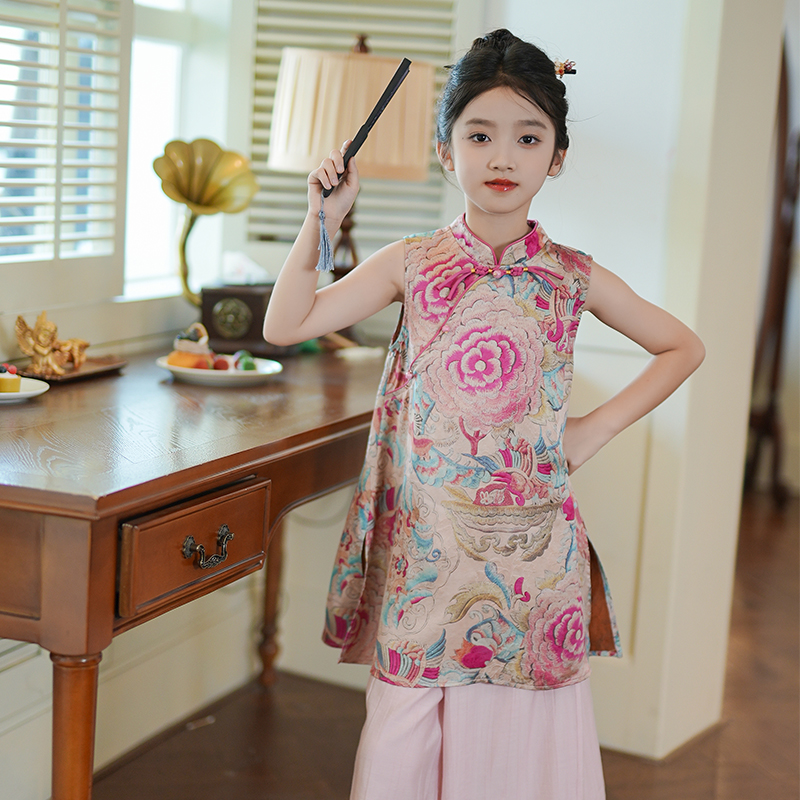 53870女童新中式国风汉服套装2025夏季新款古风女孩旗袍上衣裤子