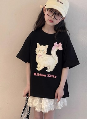 53333M女童短袖T恤2025夏季新款儿童卡通上衣猫咪印花百搭上衣