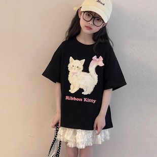 53333M女童短袖 儿童卡通上衣猫咪印花百搭上衣 T恤2025夏季 新款