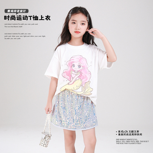 儿童美人鱼印花甜美上衣 82122M女童韩版 卡通短袖 T恤2025夏装 新款