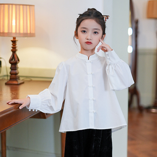 D24073女童衬衫2025秋季新款白色盘扣长袖衬衣洋气新中式国风衣服
