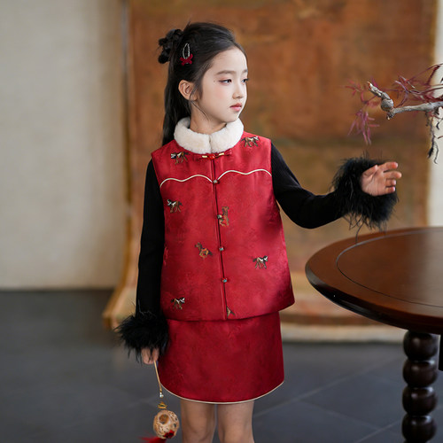 80967女童国风拜年服夹棉马甲裙子冬季保暖新年衣服毛边高领背心