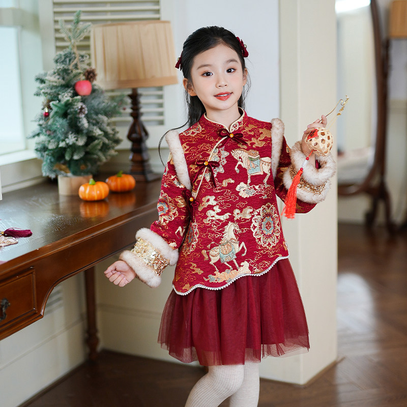 54026汉服女童连衣裙2025冬季新款儿童公主裙拜年服新年衣服