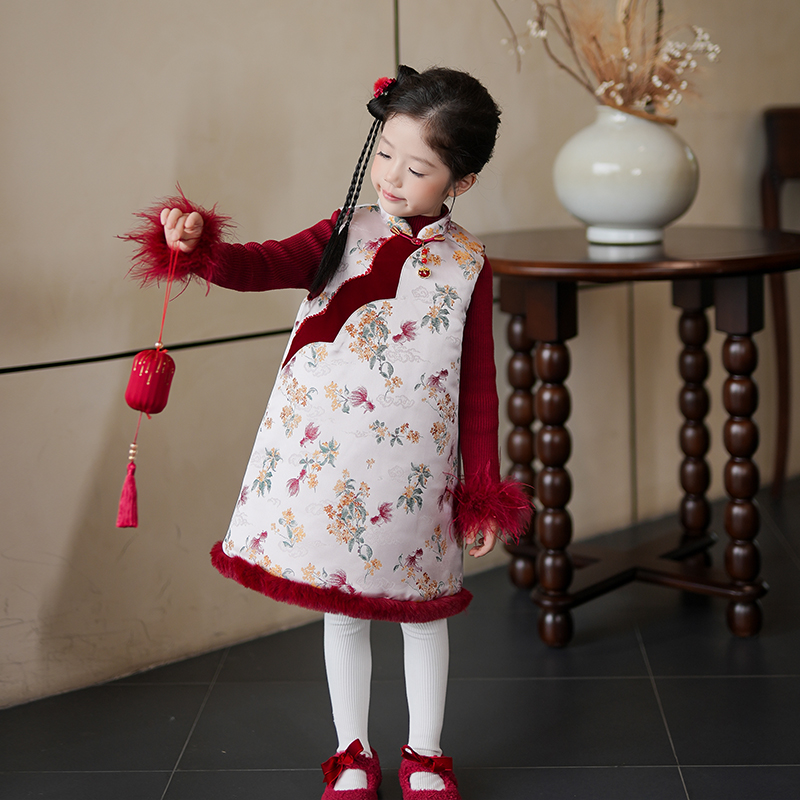 D253607女宝宝新年拜年服汉服旗袍裙子2025冬季新款女童连衣裙
