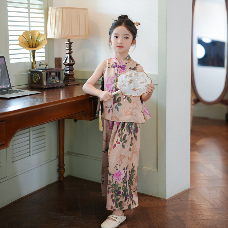 夏季清仓--女童新中式套装夏装2025新款小女孩改良旗袍国风两件套