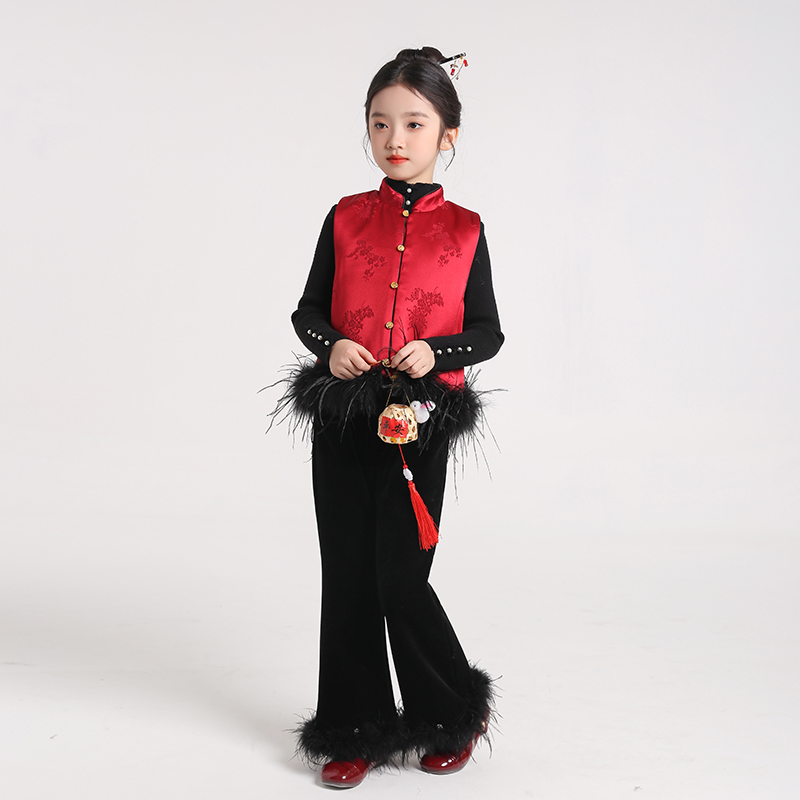 拜年服女童醋酸提花马甲鸵鸟毛汉服唐装2025冬季新款儿童夹棉背心