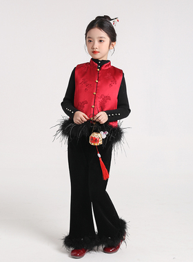 拜年服女童醋酸提花马甲鸵鸟毛汉服唐装2026冬季新款儿童夹棉背心