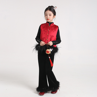 拜年服女童醋酸提花马甲鸵鸟毛汉服唐装2025冬季新款儿童夹棉背心