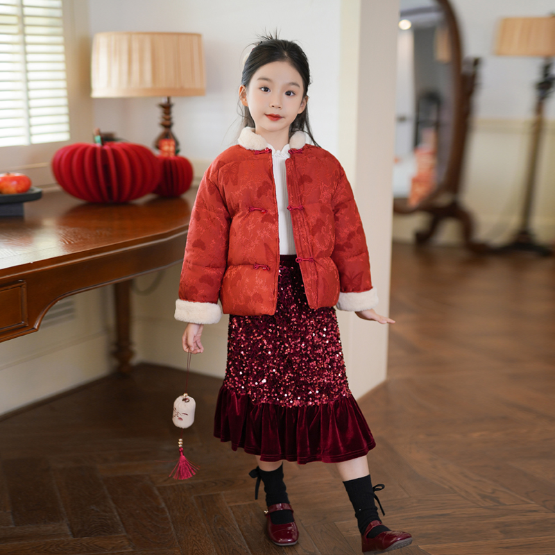 女童套装喜庆国风棉服外套拜年服唐装2025冬季新款儿童保暖棉衣