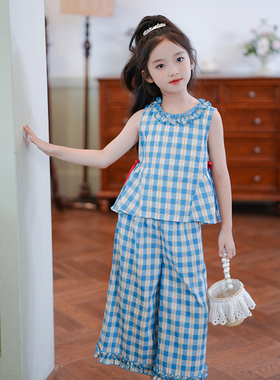 80236女童格子背心套装蓝色2026夏季新款儿童百搭夏装韩版两件套