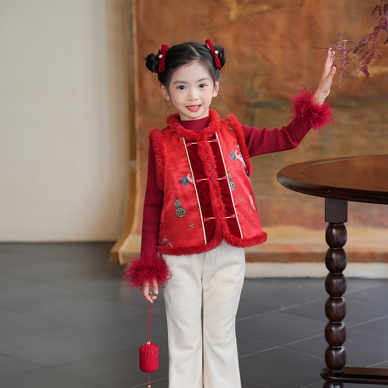 80882女童国风唐装拜年服马甲汉服背心2025冬季新款儿童过年衣服
